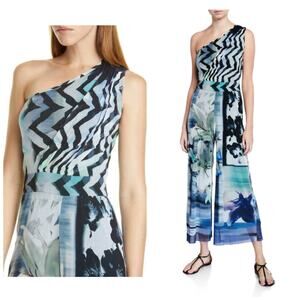 Fuzzi Floral One Shoulder Mesh Jumpsuit Size Small Blue Stretch Cropped Wide Leg
